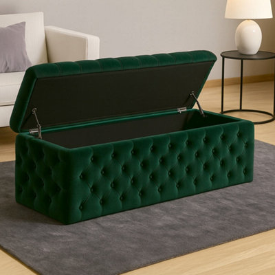 90cm Wide Lux Ottoman Storage Box, Forest Green Velvet Upholstered ...
