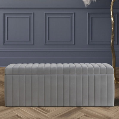 90cm Wide Lux Ottoman Storage Box, Grey Velvet Upholstered Full Striped ...