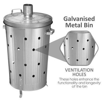 3 Pack 90L Galvanized Metal Waste Bins – Garden Rubbish Dustbins, Silver, Sterling, India