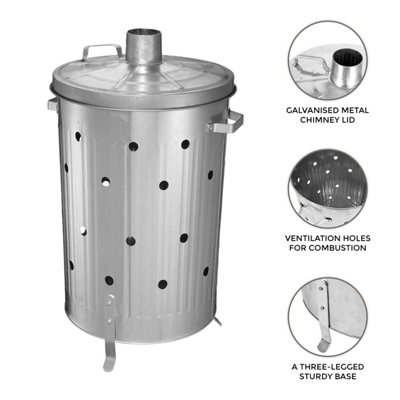 75 Litre Galvanised Metal Incinerator Fire Bin Burning Bin Garden Burner Dustbin Composter For Rubbish Paper Documents Wood Waste Leaves