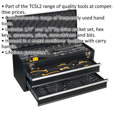 90pc Tool Set & 2 Drawer Portable Tool Chest Storage Unit - Sockets Spanners Bit