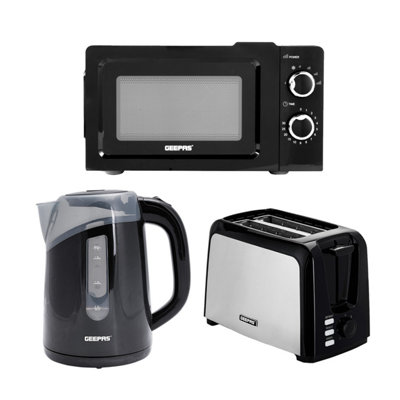 Geepas 2 Slice Bread Toaster, 1.7L Illuminating Electric Kettle & 20L 700W Solo Manual Microwave Oven Combo Set Blue
