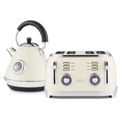 Geepas Cream Retrovive Electric Kettle & 4 Slice Bread Toaster Set, 1.7L