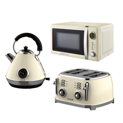 B&Q -  Retrovive 1.7L Electric Kettle4 Slice Bread Toaster & 20L Digital Microwave OvenCream