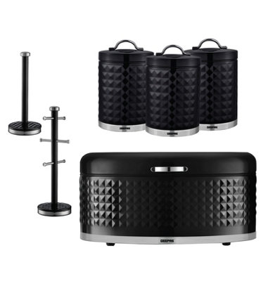 B&Q -  Argyle 6 Pc Tea Coffee Sugar Canister9L Bread BinMug Tree & Towel Pole SetBlack