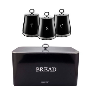 Geepas RetroVive 4 Piece Kitchen Storage Set 13L Bread Bin & Tea Coffee Canisters in Black - Image 3