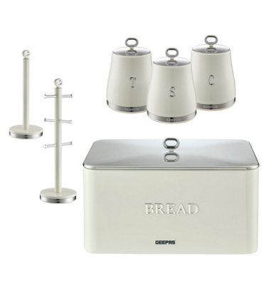 Geepas 6 Pc Tea Coffee Sugar Canister, Bread Bin, Mug Tree & Towel Pole Set, Cream