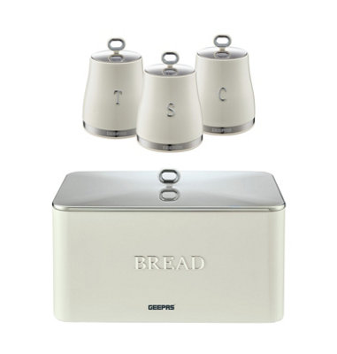 Geepas Retrovive 4 Pc Tea Coffee Sugar Canister & 13L Bread Bin SetCream from B&Q