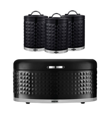 Geepas Argyle 4 Pc Tea Coffee Sugar Canister & Bread Bin SetBlack from B&Q