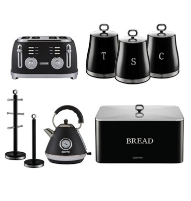 B&Q -  Retrovive Kettle4 Slice BreadSet Of 3 Tea Coffee Sugar CanisterBread BinMug Tree & Towel Pole SetBlack