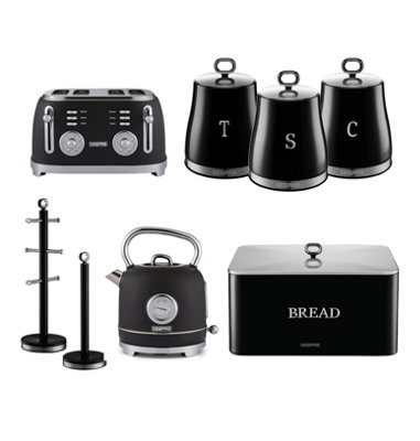 Geepas Electric Kettle, 4 Slice Bread Toaster, Set Of 3 Tea Coffee Sugar Canister, Bread Bin, Mug Tree & Towel Pole Set, Black