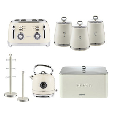 Geepas Electric Kettle, 4 Slice Bread Toaster, Set Of 3 Tea Coffee Sugar Canister, Bread Bin, Mug Tree & Towel Pole Set, Cream