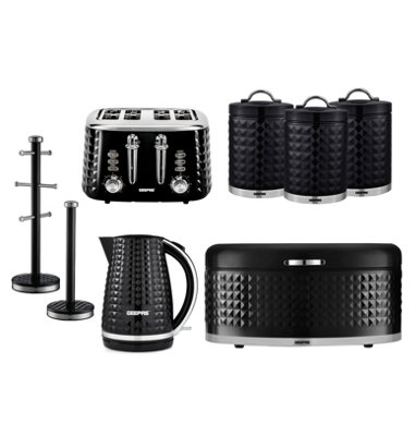 Geepas Blue Kettle, 4 Slice Bread Toaster, Set Of 3 Tea Coffee Sugar Canister, Bread Bin, Mug Tree & Towel Pole Set 1.7L