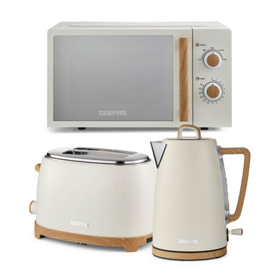 B&Q -  Nordiq 1.7L Kettle 2 Slice Toaster 20L Microwave Set With Wood Accent