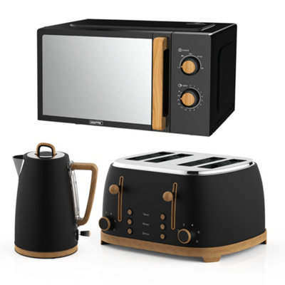 Geepas Black Nordiq Kettle 2 Slice Toaster 20L Microwave Wood Accent 1.7L