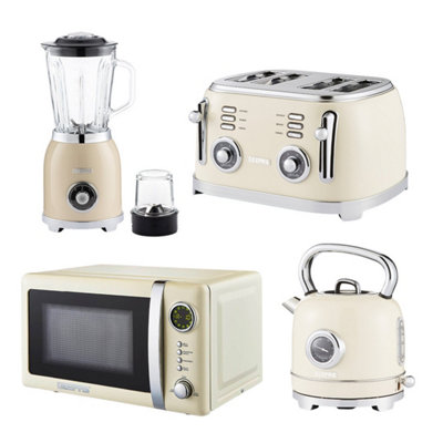 B&Q -  Retrovive 1.8L Kettle4 Slice Bread Toaster2-In-1 Jug Blender & 20L Digital Microwave OvenCream
