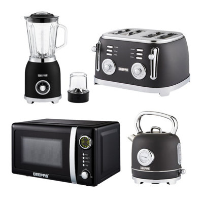 Geepas Retrovive 1.8L Kettle4 Slice Toaster2-In-1 Jug Blender & 20L Digital Microwave OvenBlack