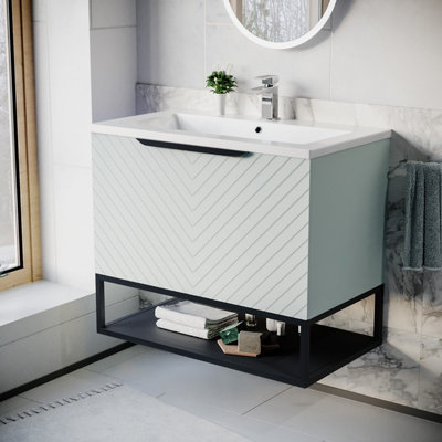 Nes Home 800Mm Wall Hung Green Drawers Basin Vanity Black Frame & Handle - Image 3