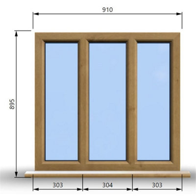 910mm (W) x 895mm (H) Wooden Stormproof Window - 3 Pane Non-Opening Windows - Toughened Safety Glass