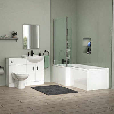 B&Q -  L-Shaped Lh Shower Bath White Basin Vanity Unit With Wc & Btw Toilet