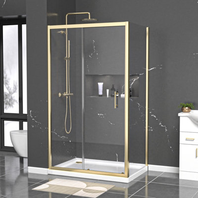 B&Q -  Brushed Brass 1100 X 760mm Shower Enclosure Sliding Door Panel & Tray
