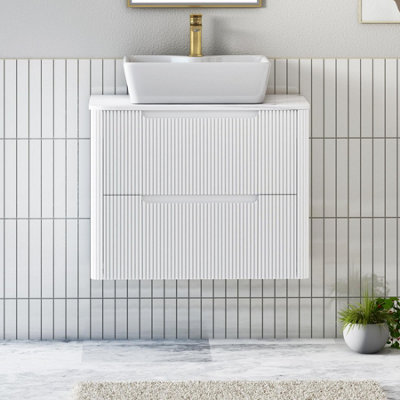 B&Q -  Avenza 700mm Matt White Wall Hung Bathroom Countertop Vanity Unit 2 Drawer With Cube Basin