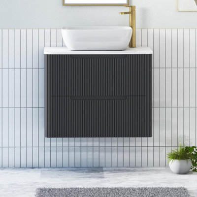 B&Q -  Avenza 700mm Matt Obsidian Black Wall Hung Bathroom Countertop Vanity Unit 2 Drawer With Elva Basin
