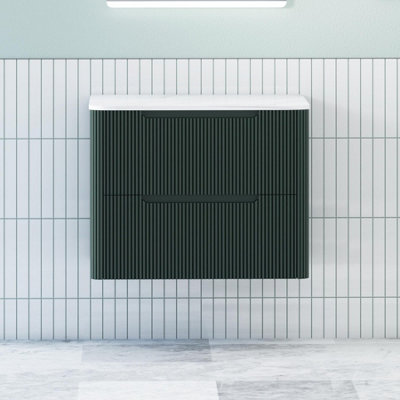 B&Q -  Avenza 800mm Deep Moss Green Wall Hung Bathroom  Vanity Unit 2 Drawer Carrara White Undrilled Worktop & No Basin