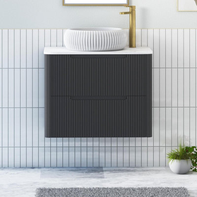 B&Q -  Avenza 800mm Matt Obsidian Black Wall Hung Bathroom Countertop Vanity Unit 2 Drawer With Milan Basin