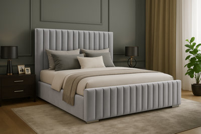 Slumbre Portland Plush Velvet Sleigh BedWith Ortho Mattress & Footboard3Ft SingleSilver