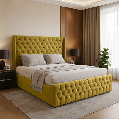 Slumbre Chesterfield Winged Plush Velvet Sleigh BedWith Ortho Mattress & Footboard3Ft SingleTurmeric