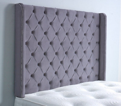 Slumbre Chesterfield Winged Plush Velvet 4Ft6 Double 36" HeadboardGrey from B&Q