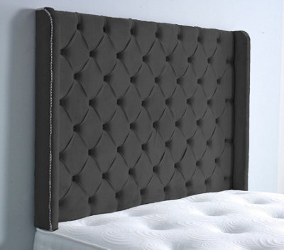 Slumbre Chesterfield Winged Plush Velvet 5Ft Kingsize 36" HeadboardBlack from B&Q