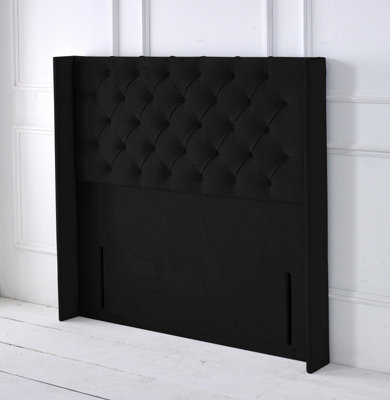 Slumbre Chesterfield Winged Plush Velvet 3Ft Single 50" Floor Standing HeadboardBlack from B&Q