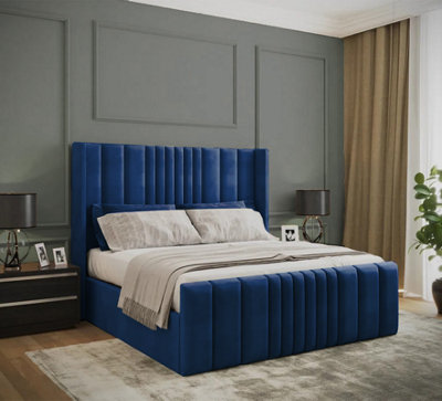 Slumbre Miami Winged Plush Velvet Sleigh BedWith Ortho Mattress & Footboard3Ft SingleBlue