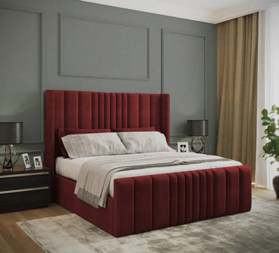 Slumbre Miami Winged Plush Velvet Sleigh BedWith Ortho Mattress & Footboard3Ft SingleBurgundy