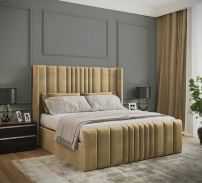 Slumbre Miami Winged Plush Velvet Sleigh BedWith Ortho Mattress & Footboard3Ft SingleCoffee