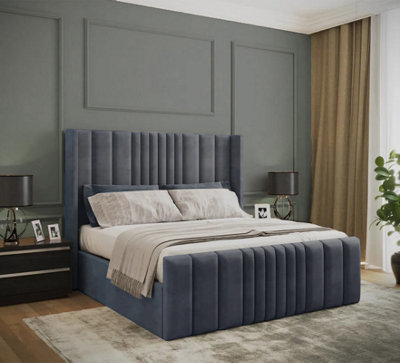 Slumbre Miami Winged Plush Velvet Sleigh BedWith Ortho Mattress & Footboard3Ft SingleGrey