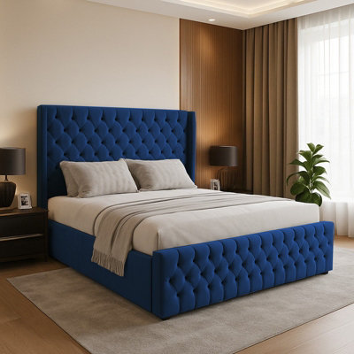 Slumbre Chesterfield Winged Plush Velvet Sleigh BedWith Footboard3Ft SingleBlue