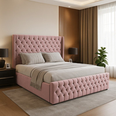 Slumbre Chesterfield Winged Plush Velvet Sleigh BedWith Footboard3Ft SinglePink