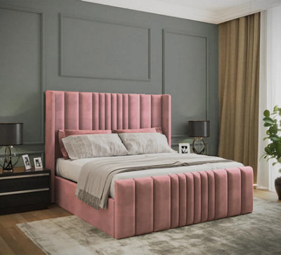 Slumbre Miami Winged Plush Velvet Sleigh BedWith Footboard3Ft SinglePink