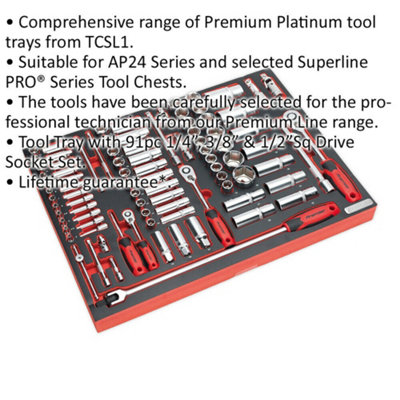 91pc Square Drive Socket Set with 530 x 397mm Tool Tray - 1/4" 3/8" & 1/2" Bits