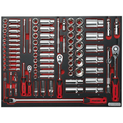 91pc Square Drive Socket Set with 530 x 397mm Tool Tray - 1/4" 3/8" & 1/2" Bits