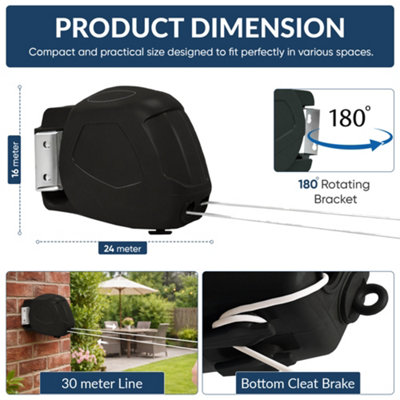  - 30M Retractable Washing Line 2 X 15M Double Clothes Line Wall Mounted Outdoor Laundry Dryer Heavy Duty Garden Drying Line Black