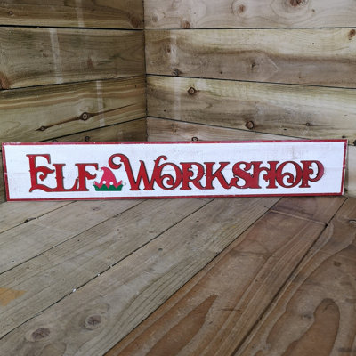 92cm Wooden White Washed Christmas Elf Workshop Sign with Red Letters