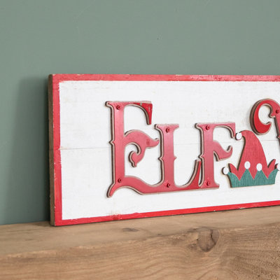 92cm Wooden White Washed Christmas Elf Workshop Sign with Red Letters