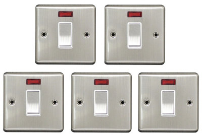 B&Q -  5 Pack Brushed Stainless Steel 20A 1 Gang Double Pole Switch With Neon Indicator