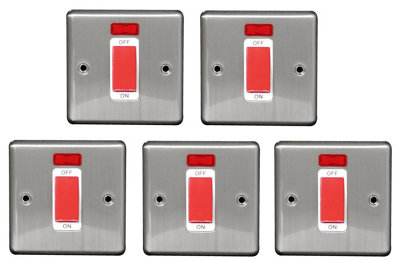 Arlec 5 Pack Brushed Stainless Steel 45A 1 Gang Double Pole Switch With Neon Indicator from B&Q