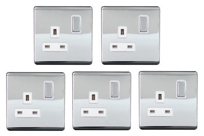 Arlec 5 Pack Chrome Screwless 13A 1 Gang Double Pole Switched Plug Socket Polished Wall Outlet from B&Q