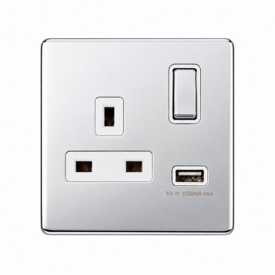  - 13A Switched Wall Socket With Double Usb 3.1A Metal Plug Socket